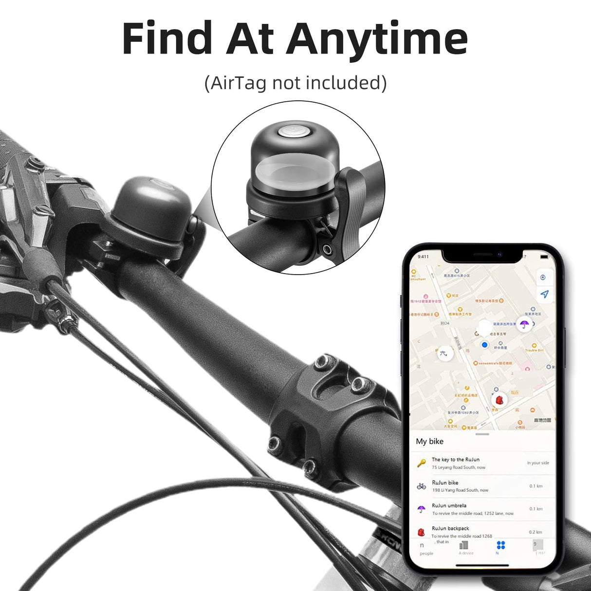 ROCKBROS Hidden AirTag Bike Bell, Anti-Theft GPS Tracker for 0.87"/22.2mm, 1"/25.4mm, 1.25"/31.8mm Handlebars