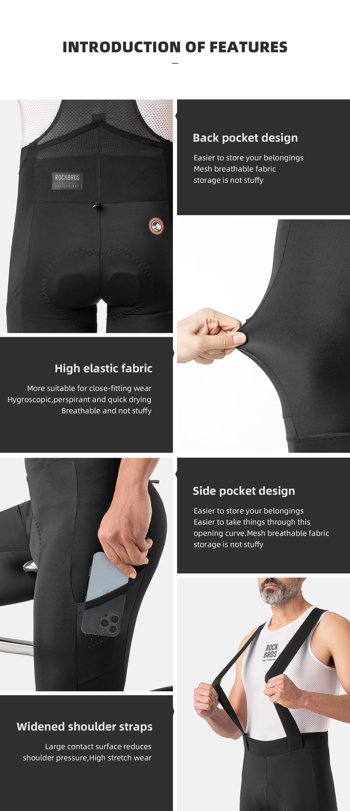 【ROAD TO SKY】by ROCKBROS Men's Cycling Bib Tights in Black