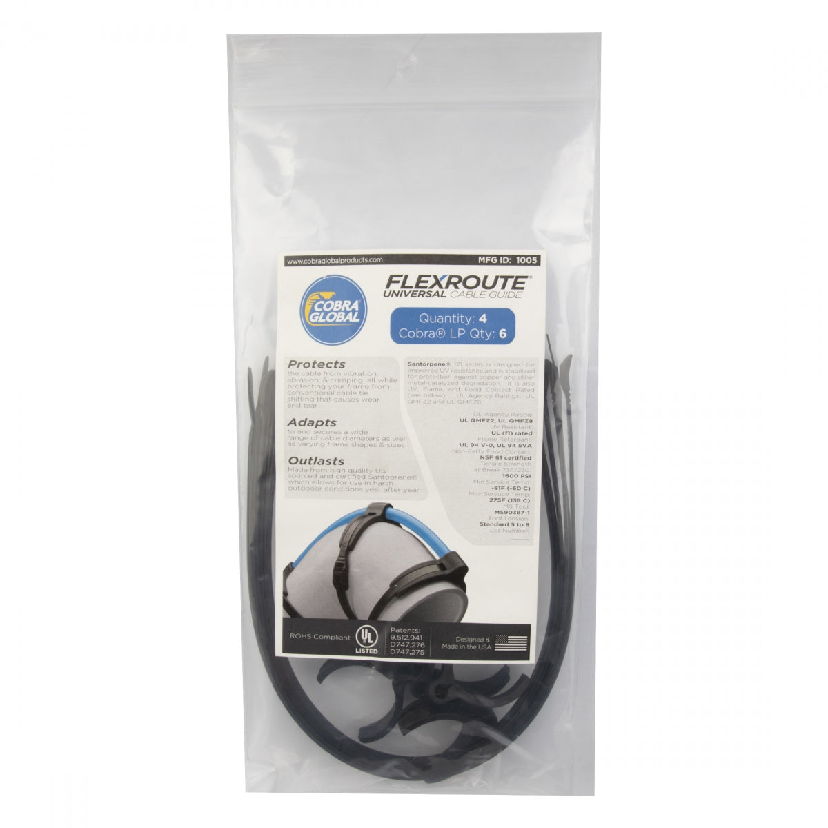 CABLE GUIDE COBRA FLEXROUTE GUIDES SM 4.8-6.5mm w/TIES 4pk BK