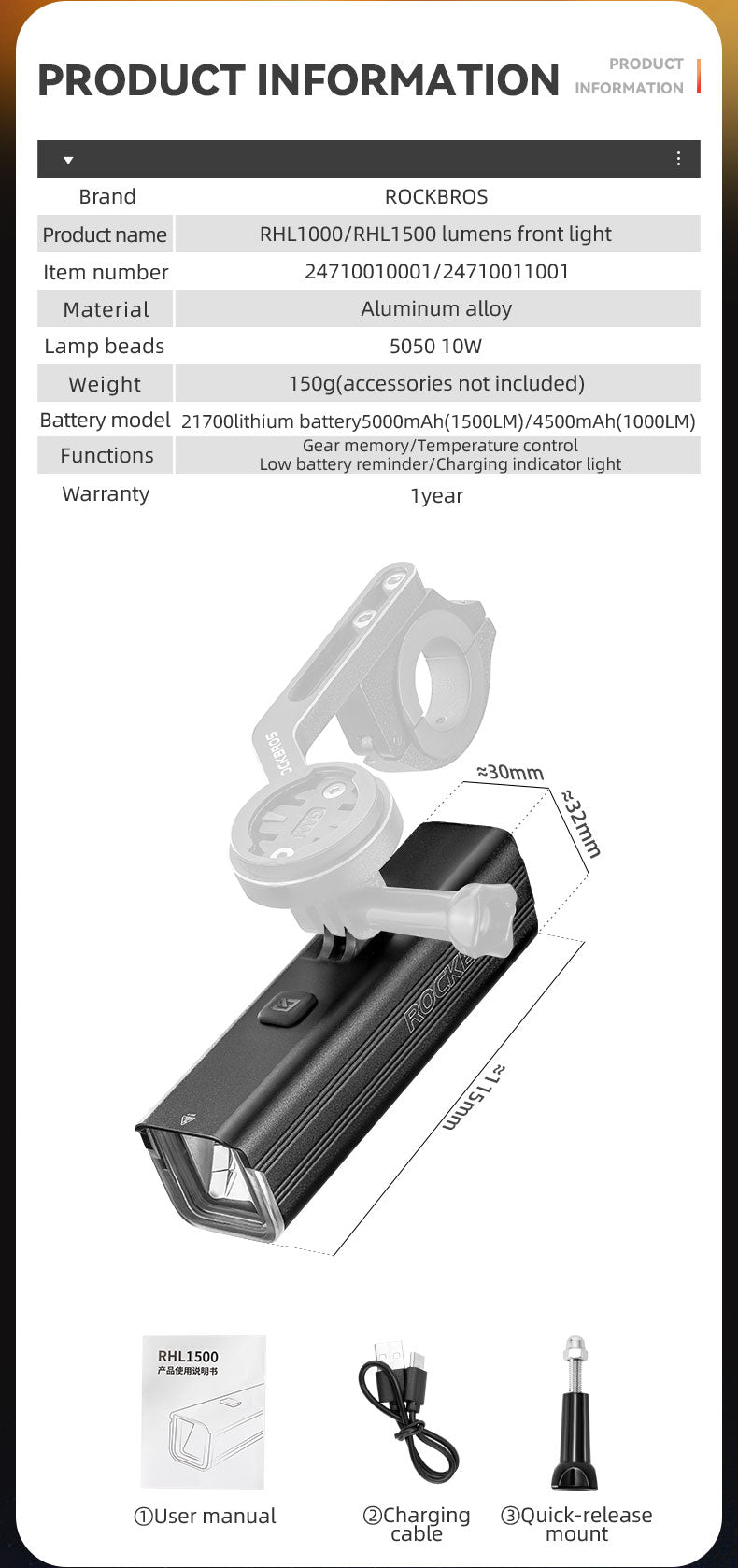 ROCKBROS Hoisting Headlight for Bike