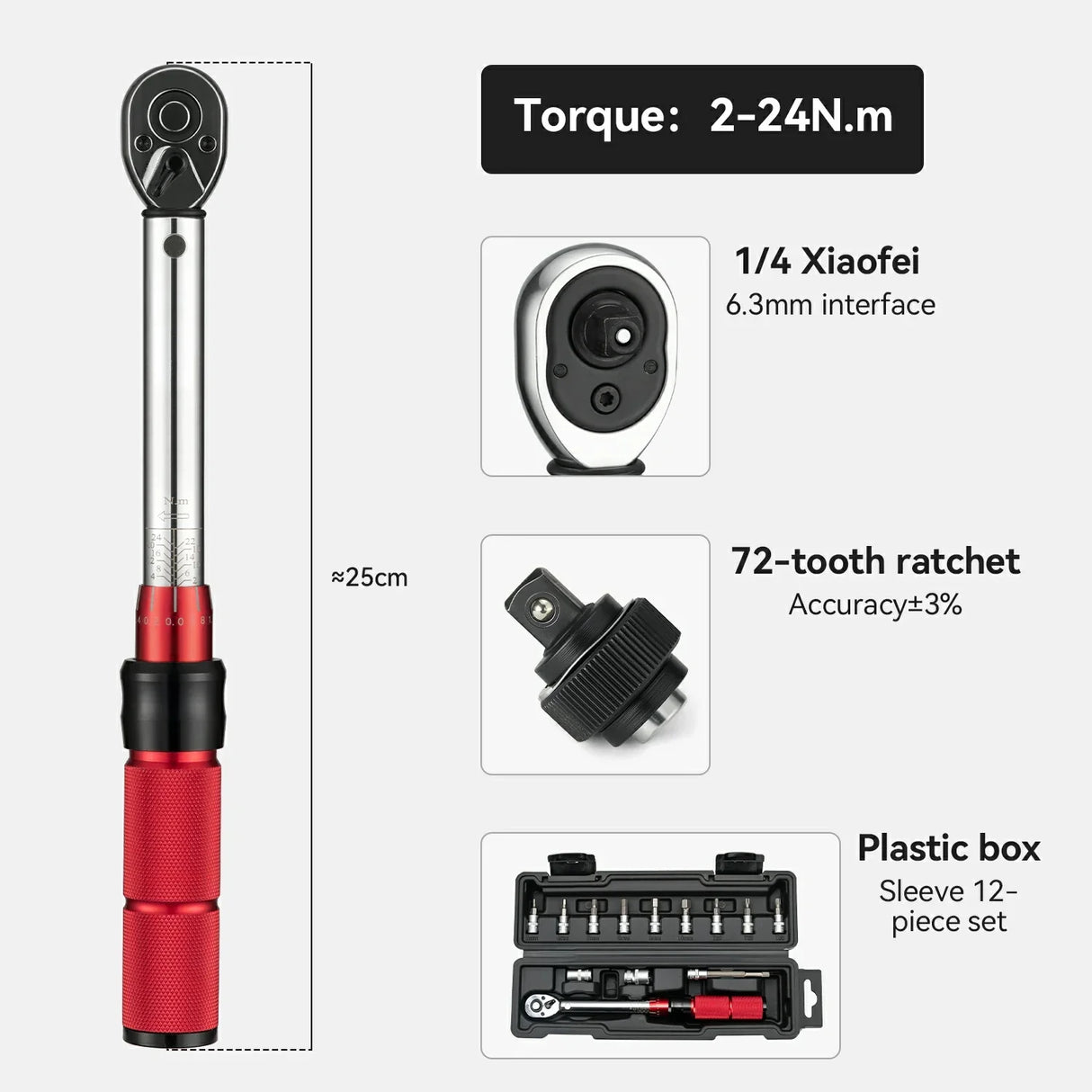 1/4 Torque 2–24Nm Micrometer Click Torque Wrench, 72-Tooth Gear Professional Precision ±3%High Accuracy