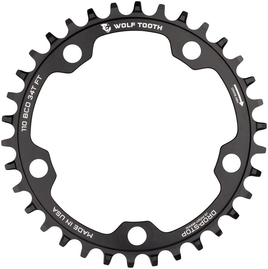 Wolf Tooth 110 BCD Cyclocross Road Chainring - 34t 110 BCD 5-Bolt Drop-Stop B BLK