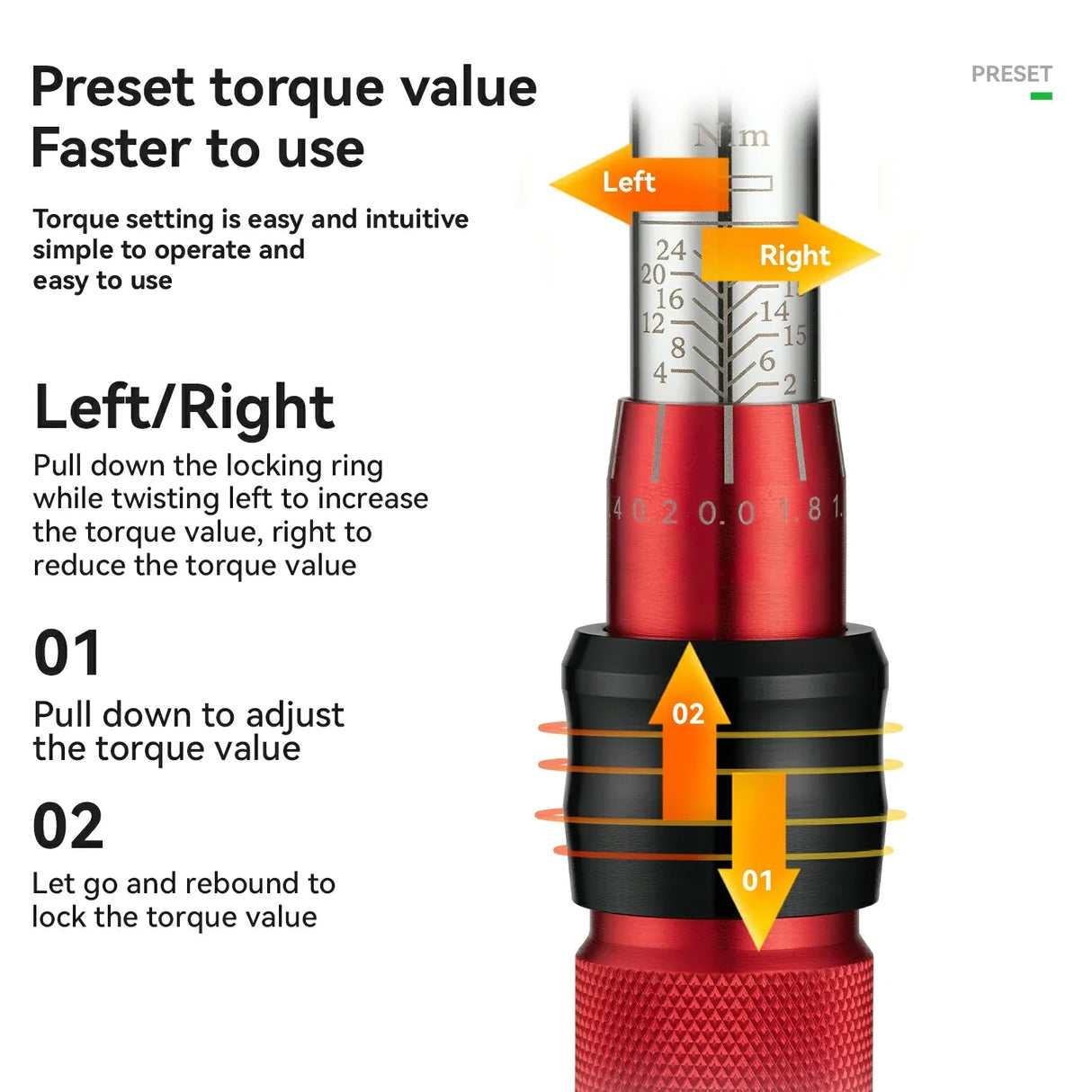 1/4 Torque 2–24Nm Micrometer Click Torque Wrench, 72-Tooth Gear Professional Precision ±3%High Accuracy