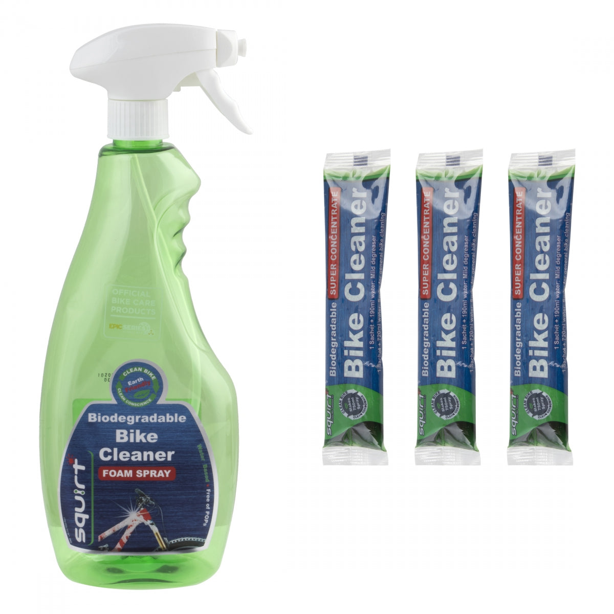 CLEANER SQUIRT BIO-BIKE CLEANER 750ml EMPTY BTL w/3x30ml SACHETS SUPER CONCENTRATE MAKES 750ml EACH