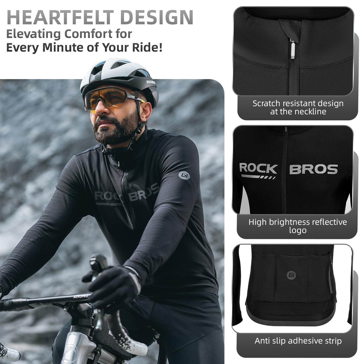 ROCKBROS Men's Long Sleeve Cycling Jersey with full zipper rear pockets perfect fit for outdoor sports