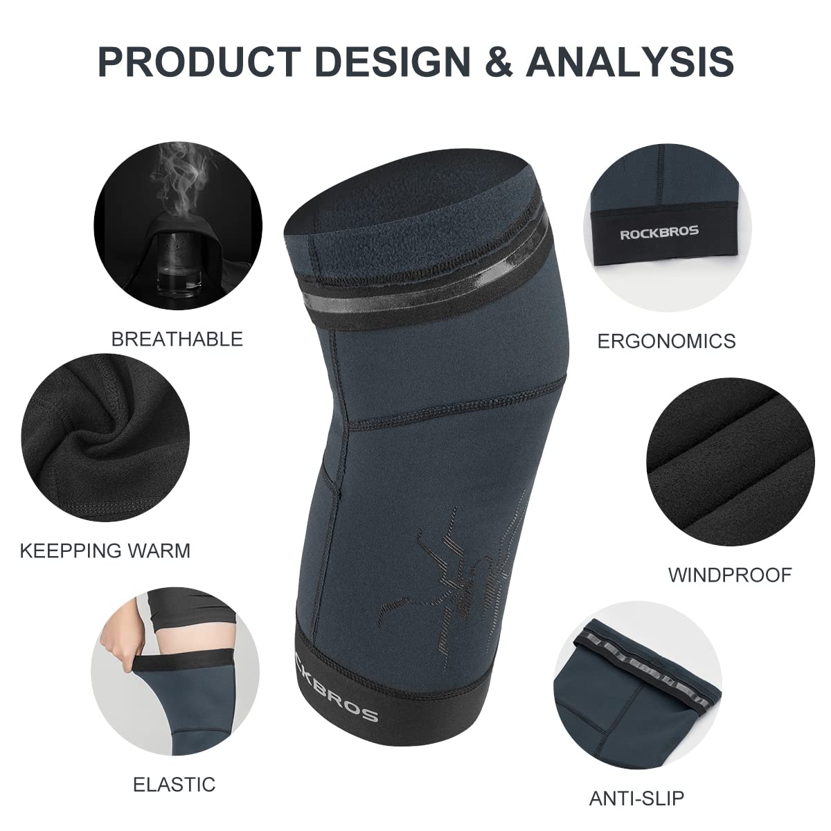 ROCKBROS Thermal Knee Warmer Men Anti-Slip Knee Brace Sleeves for Winter Cycling Basketball
