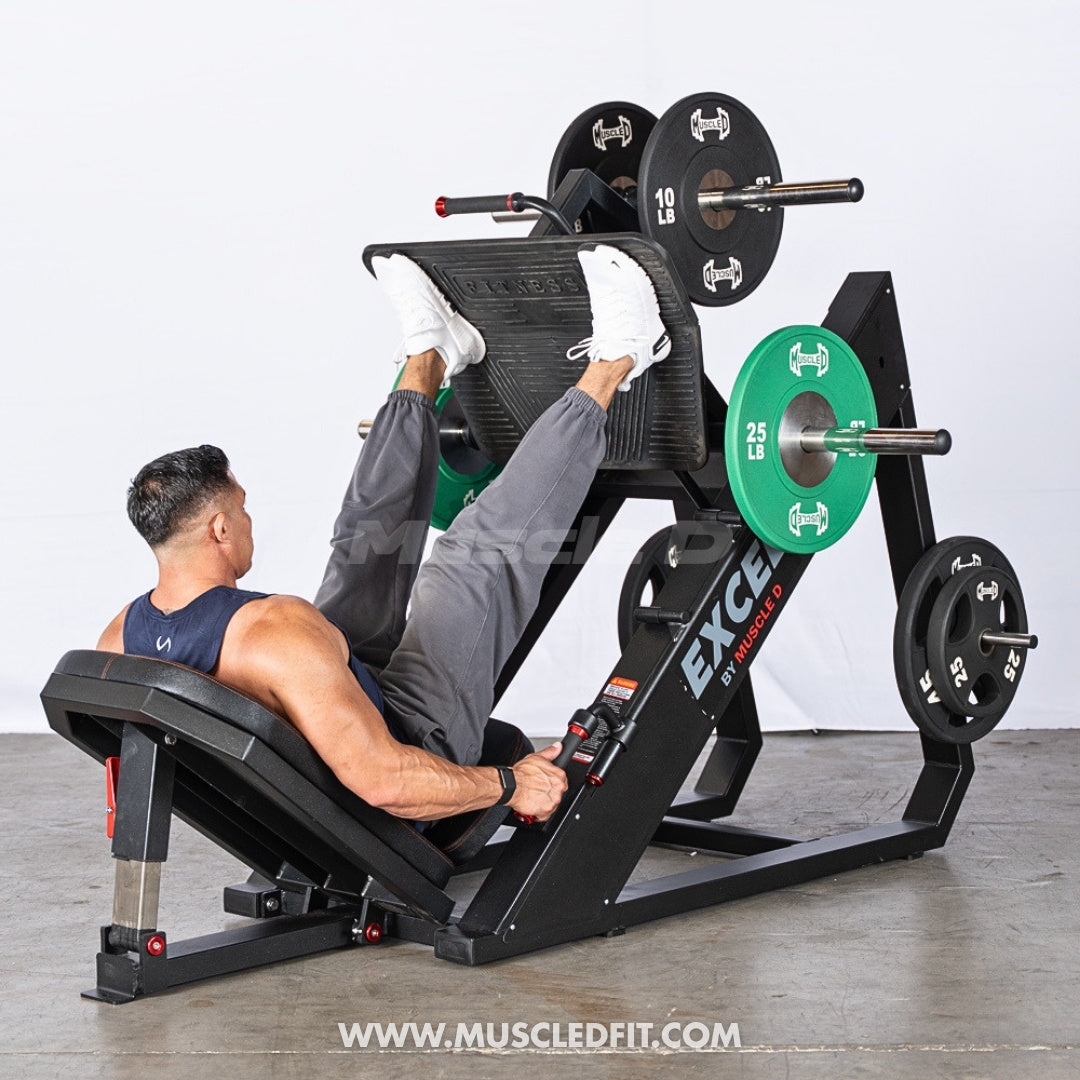 Excel Linear Leg Press - Muscle D Fitness - Plate Load Leg Press - Adjustable Back Pad - Plate Storge Pegs