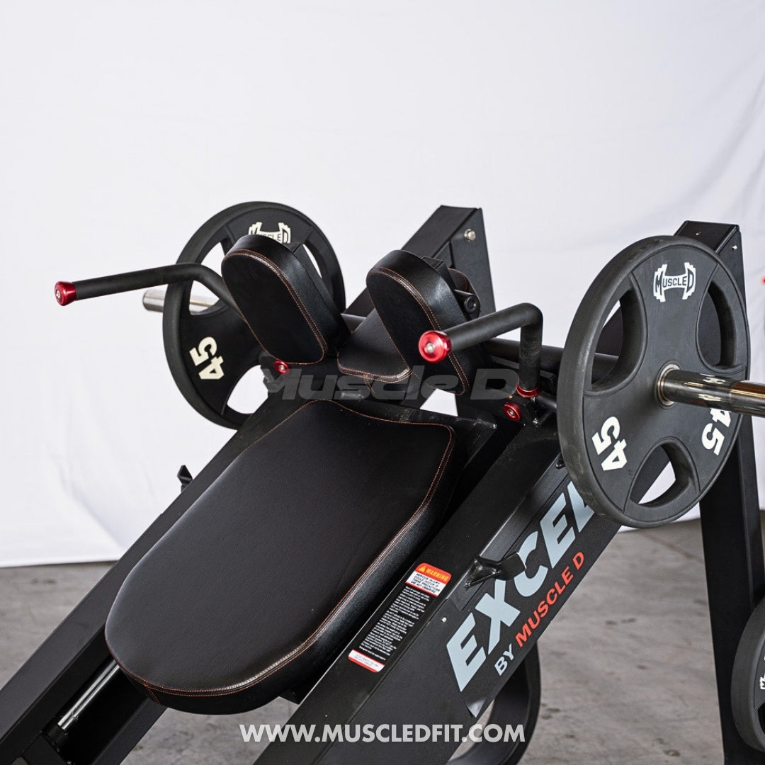 Excel Linear Hack Slide - Muscle D Fitness - Plate Load Hack Squat - Weight Storage Pegs - Safety Catch