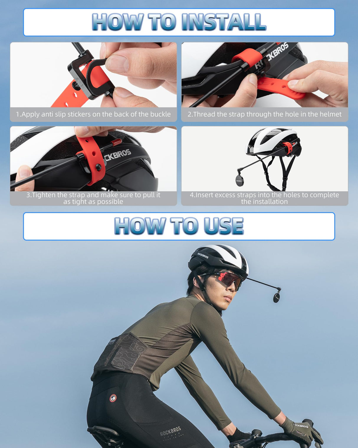 ROCKBROS Bike Helmet Mirror Detachable Fixing Way ycling Mirror
