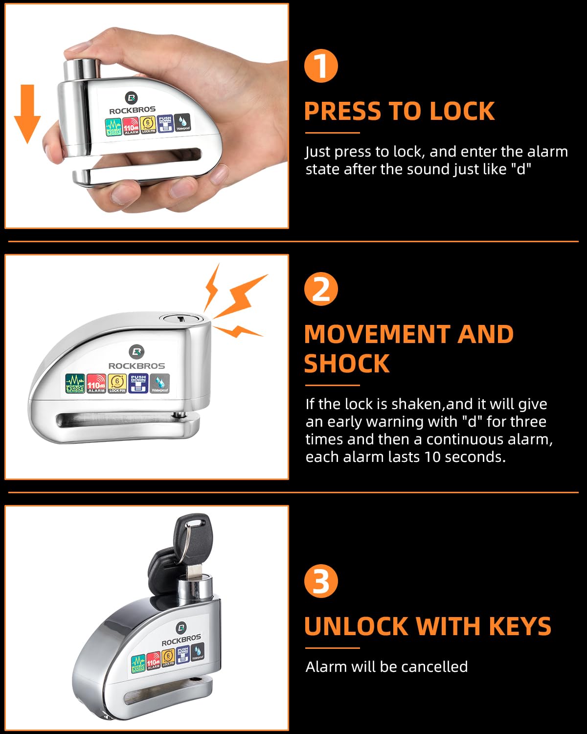 ROCKBROS Disc Brake Lock Motorcycle Alarm Lock Anti-Theft 110db Motorcycle Lock with Reminder Cable Disc Brake vehicle
