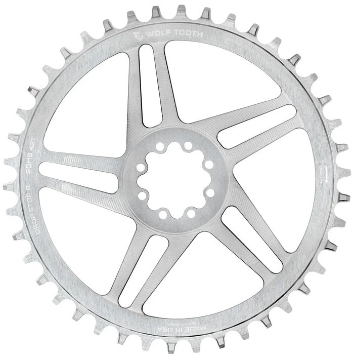 Wolf Tooth Direct Mount Chainring - 42t SRAM Direct Mount Drop-Stop B For SRAM 8-Bolt Cranksets 6mm Offset Raw Silver
