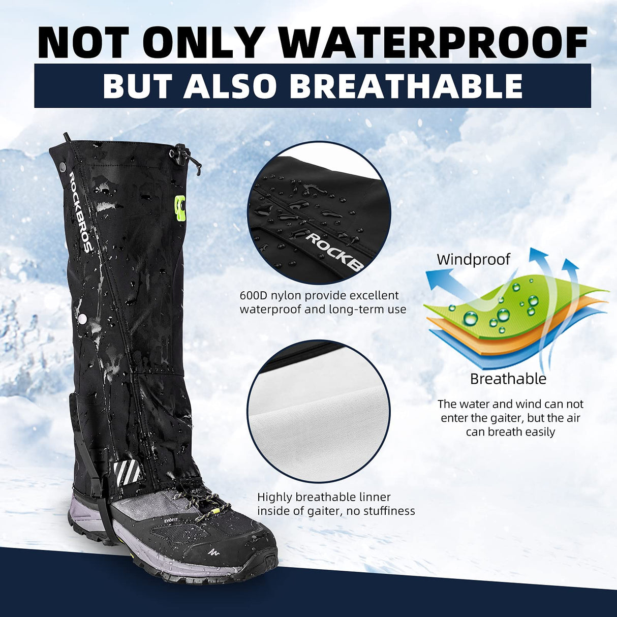 ROCKBROS Snow Boot Leg Gaiters, Waterproof Hiking Gaiters for Winter Sports and Snow Shoes