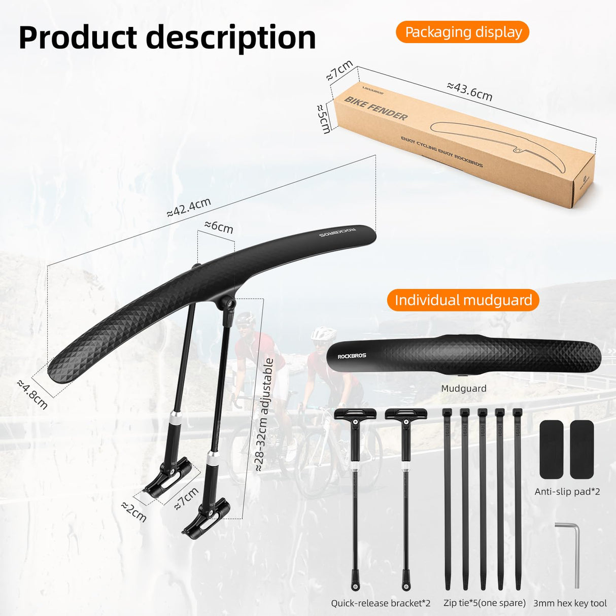 ROCKBROS Adjustable Bike Fenders Set for Road Bikes Easy Install