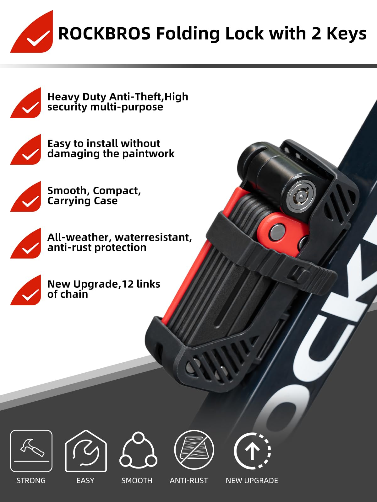 ROCKBROS Folding Heavy Duty Anti Theft Bike Lock 120cm/47.24inch with 2 Keys