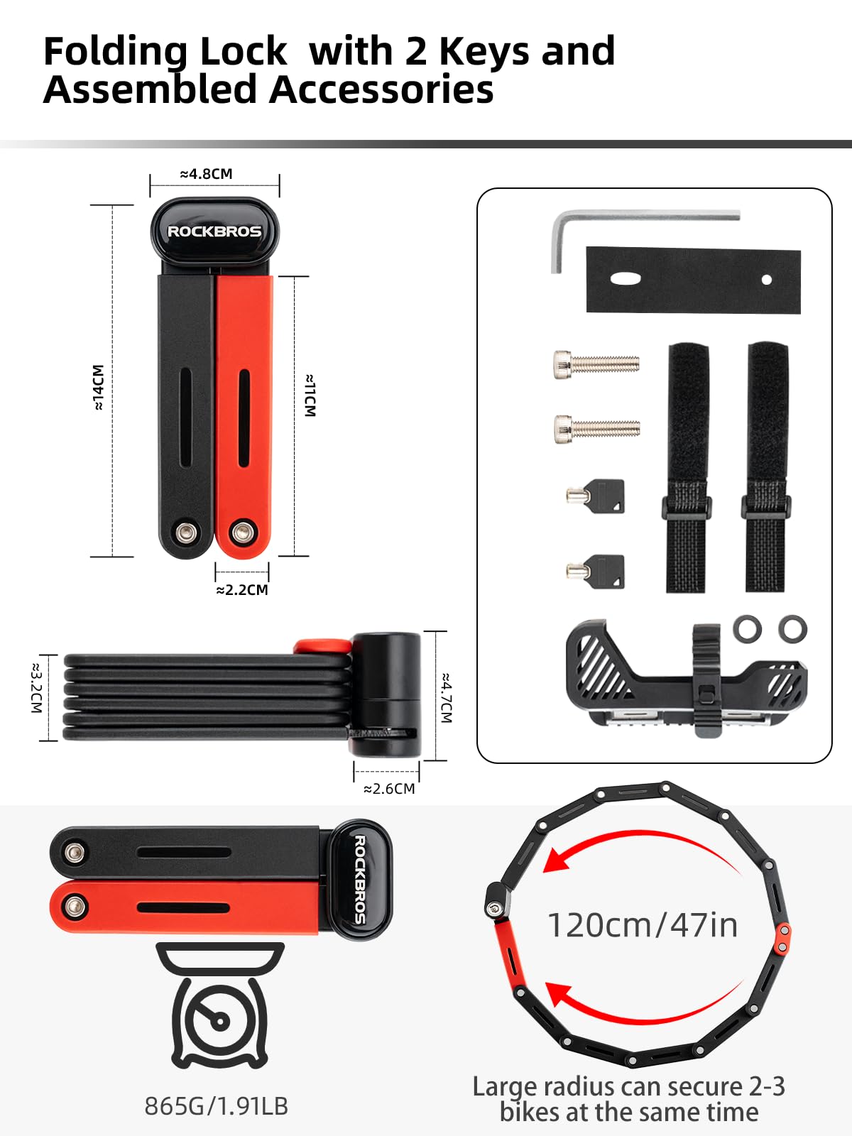 ROCKBROS Folding Heavy Duty Anti Theft Bike Lock 120cm/47.24inch with 2 Keys