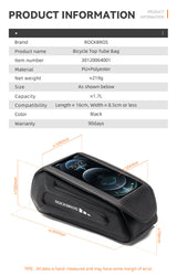 ROCKBROS Bicycle Phone Bag 1.7L 6.8in Waterproof Bike Cycling Frame Bag Top Tube Bag