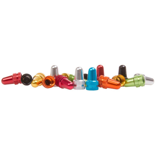 M-Wave Valve Cap Coutertop Display Box Aluminum Dual threaded to fit Presta and Schrader 30 Assorted colors (6x Red 4x Black 4x Gold 4x Orange 4x Green 4x Blue 4x Silver)