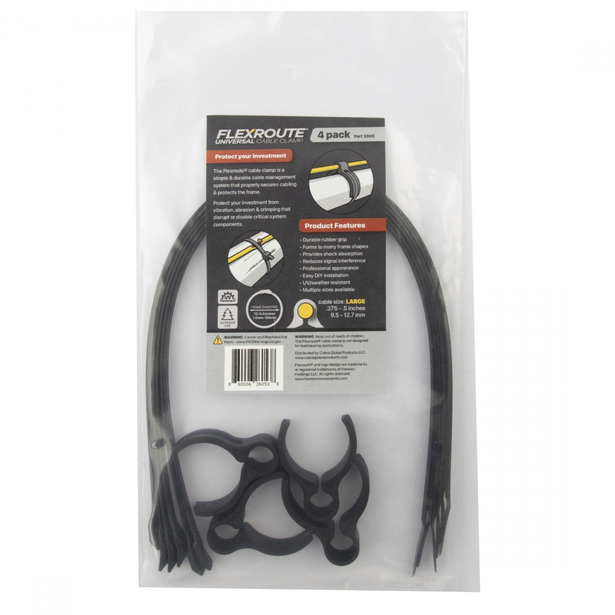 CABLE GUIDE COBRA FLEXROUTE GUIDES LG 9.5-12.7mm w/TIES 4pk BK