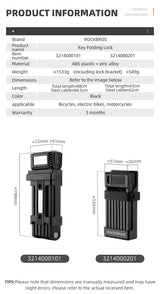 ROCKBROS MTB Road Bike Lock Key Folding Lock E-Bike Motorcycle Steel Lock Portable Antirust Anti-theft