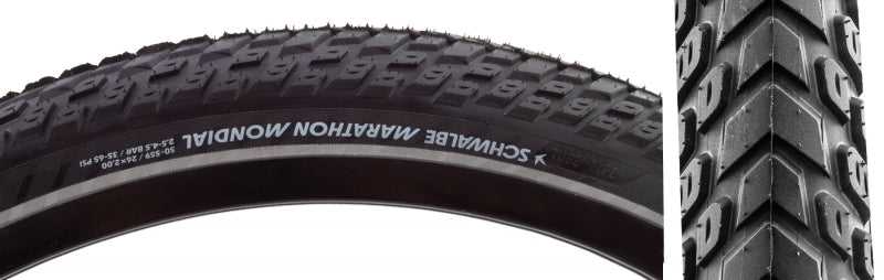 Schwalbe Marathon Mondial Tire - 26 x 2.00 Clincher Wire BLK/Reflective Performance Line RaceGuard Double Defense Addix