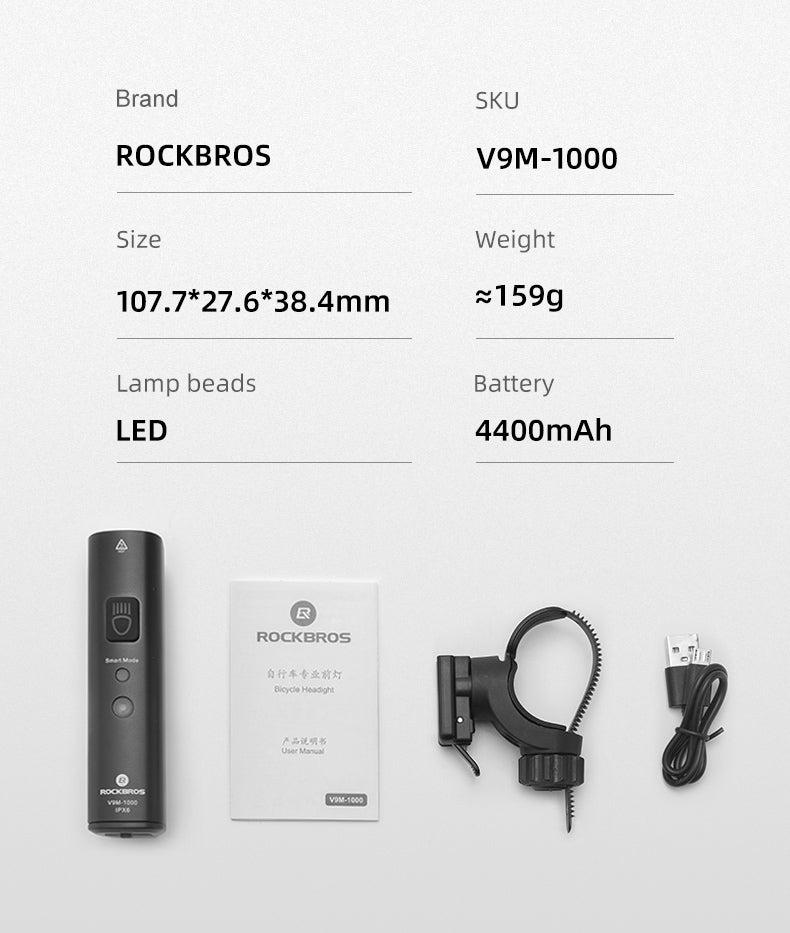 ROCKBROS 1000 Lumen Front Bike Light + Smart Brake & Tail Light Q5 Set