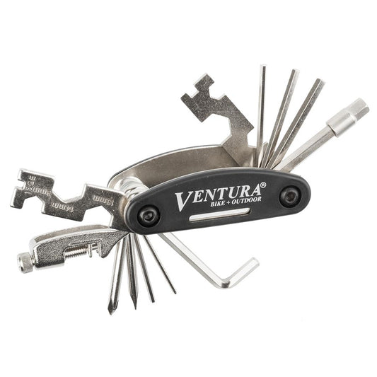 Ventura 18F Multi Multi-Tools Number of Tools: 18 Hex 2mm 2.5mm 3mm 4mm 5mm 6mm 8mm Open: 8mm 9mm 10mm 13mm 14mm 15mm Phillips Flat Head 14 and 15G spoke wrenches Chain tool