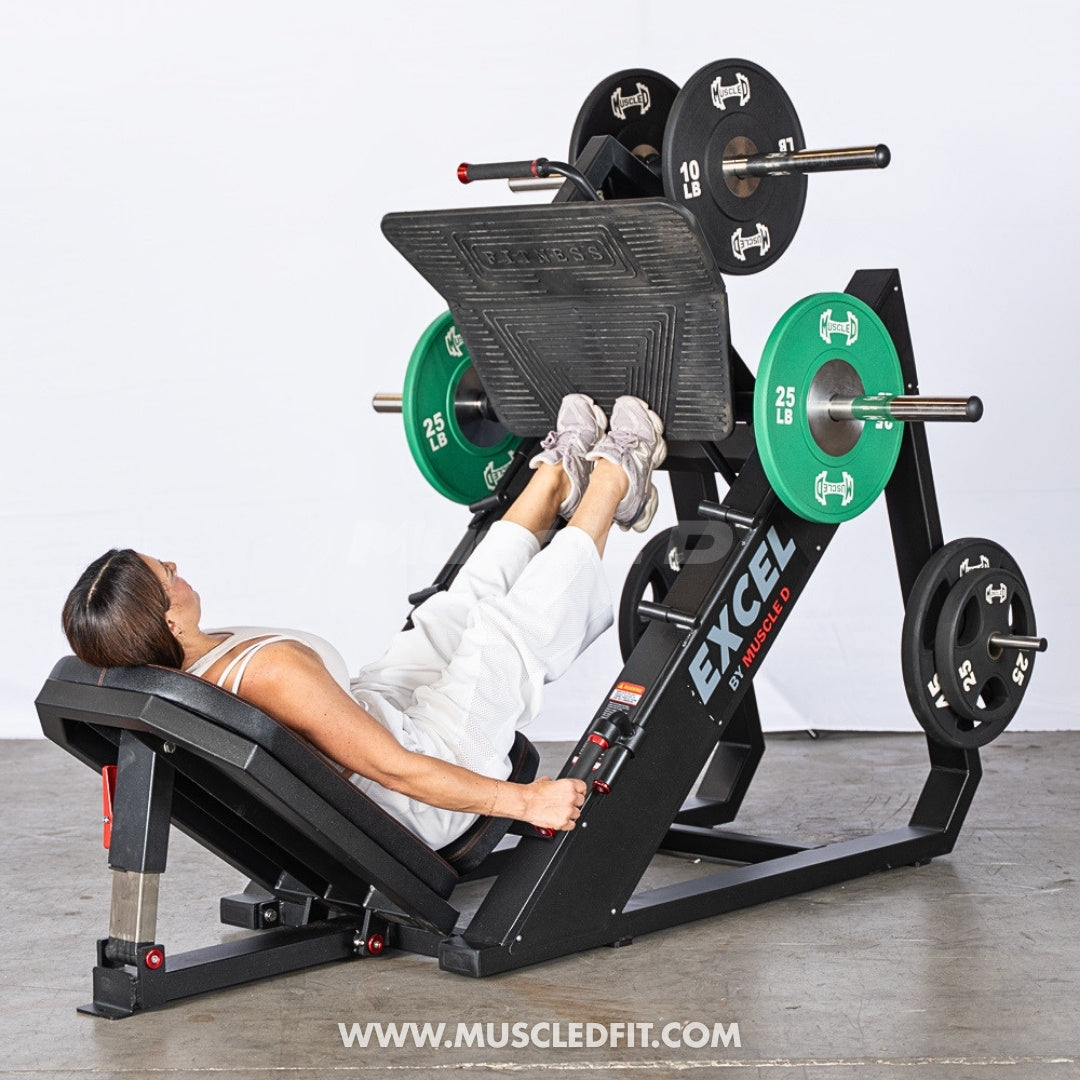 Excel Linear Leg Press - Muscle D Fitness - Plate Load Leg Press - Adjustable Back Pad - Plate Storge Pegs