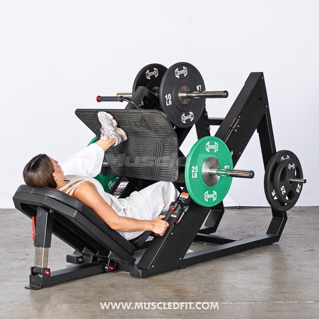Excel Linear Leg Press - Muscle D Fitness - Plate Load Leg Press - Adjustable Back Pad - Plate Storge Pegs