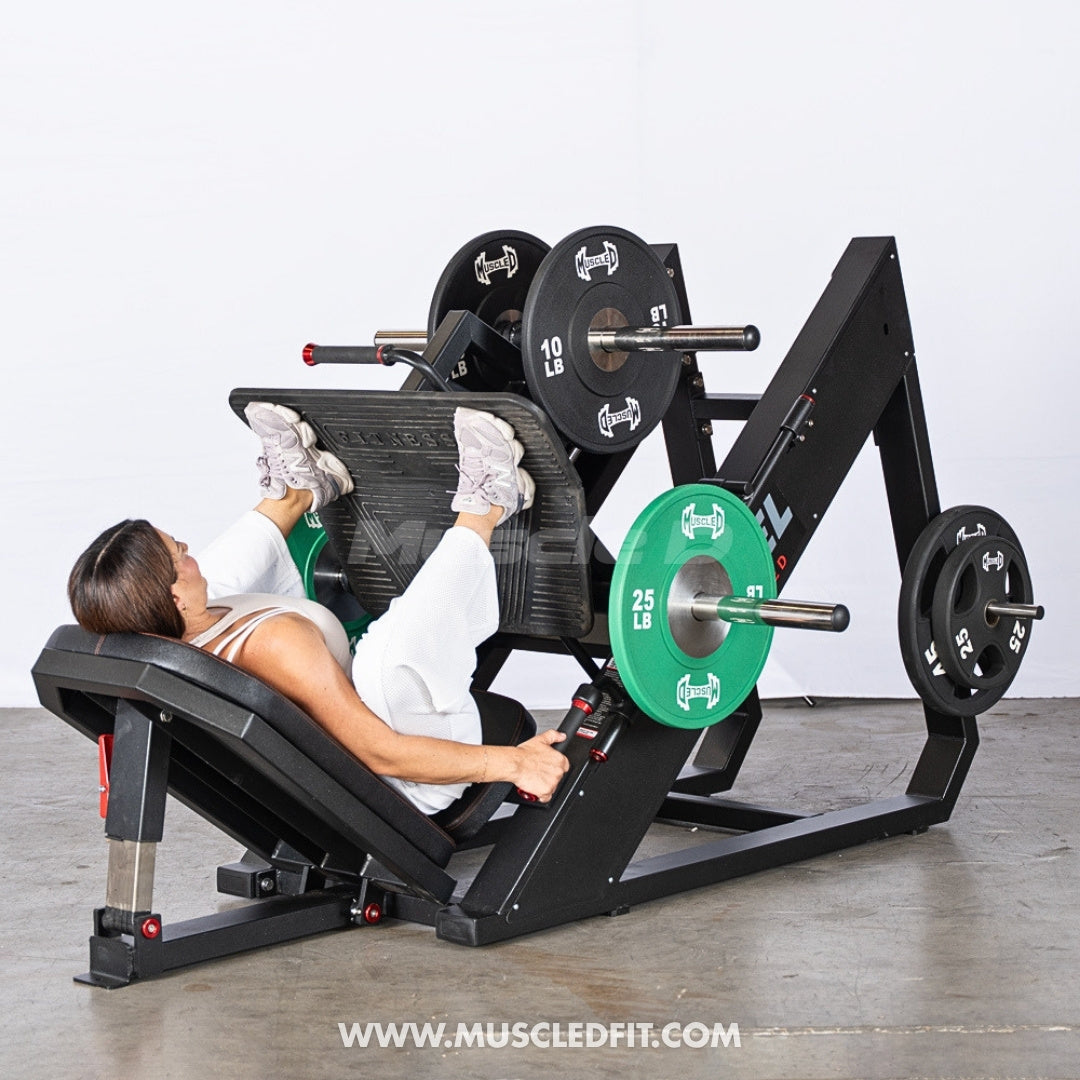 Excel Linear Leg Press - Muscle D Fitness - Plate Load Leg Press - Adjustable Back Pad - Plate Storge Pegs