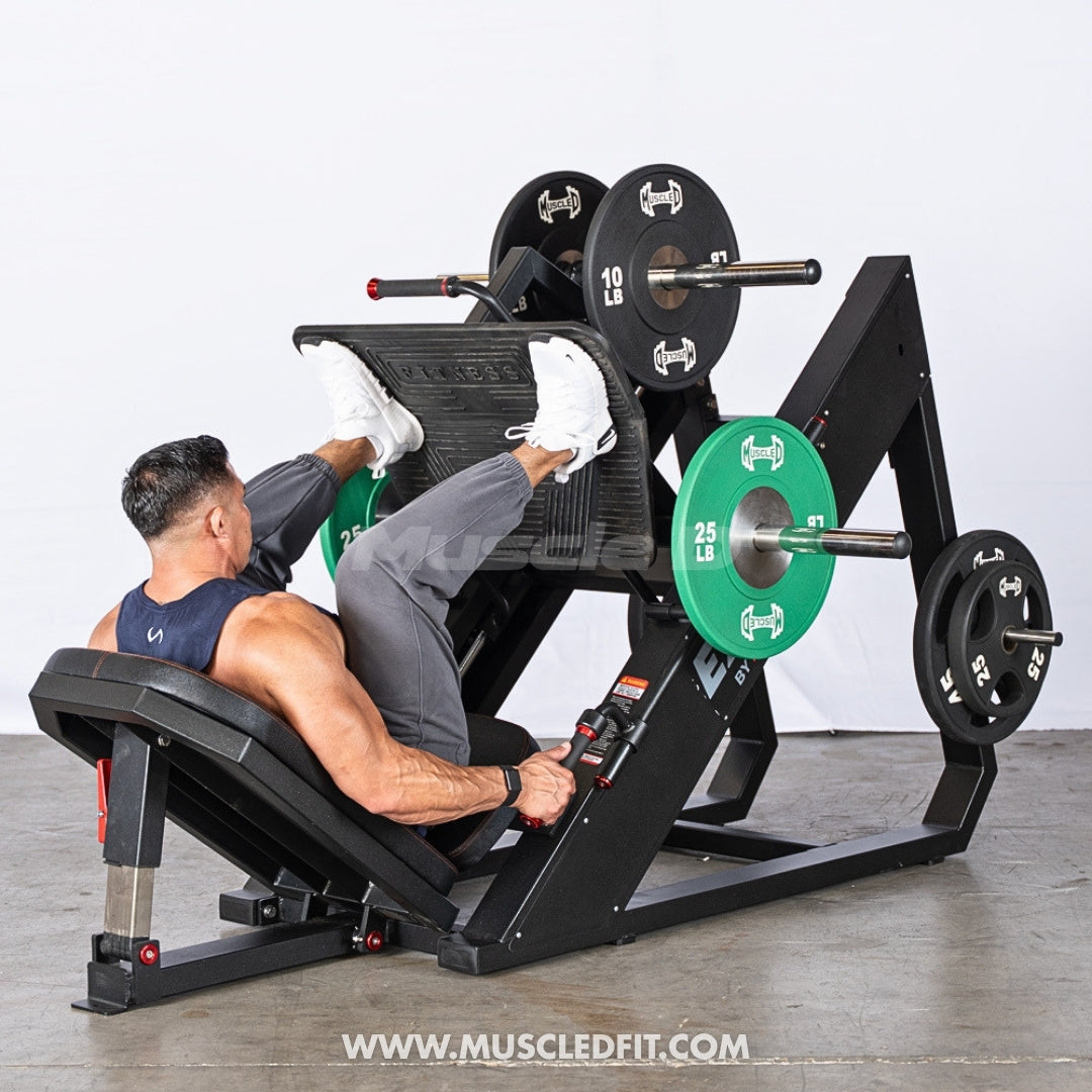 Excel Linear Leg Press - Muscle D Fitness - Plate Load Leg Press - Adjustable Back Pad - Plate Storge Pegs