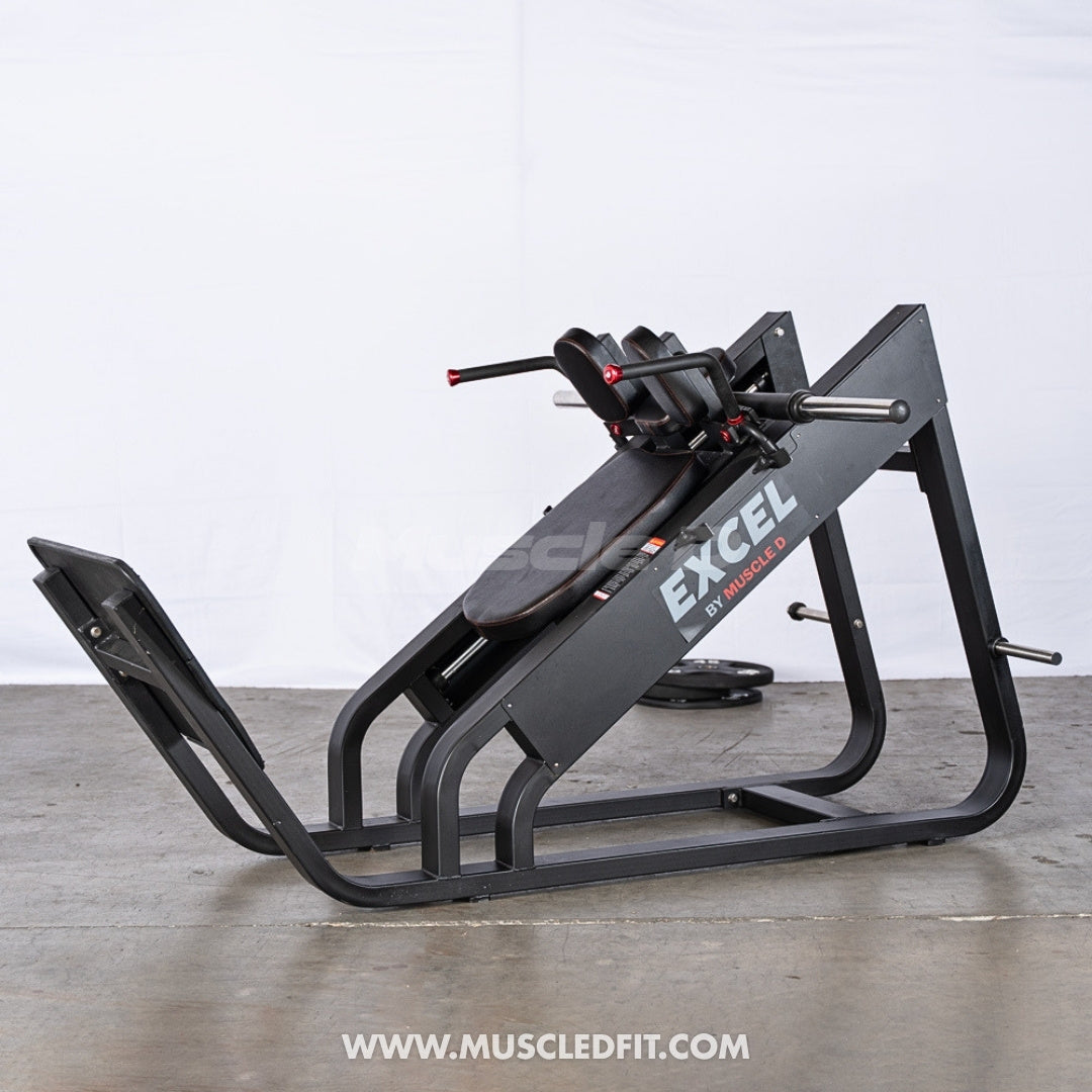 Excel Linear Hack Slide - Muscle D Fitness - Plate Load Hack Squat - Weight Storage Pegs - Safety Catch