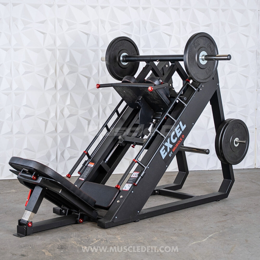 Excel Linear Hack/Leg Press - Muscle D Fitness - Plate Load Hack Squat Combo - Weight Storage Pegs - Adjustable Foot Plate / Back Pad