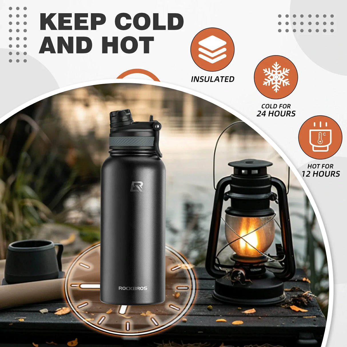ROCKBROS Stainless Steel Insulated Water Bottle with Straw