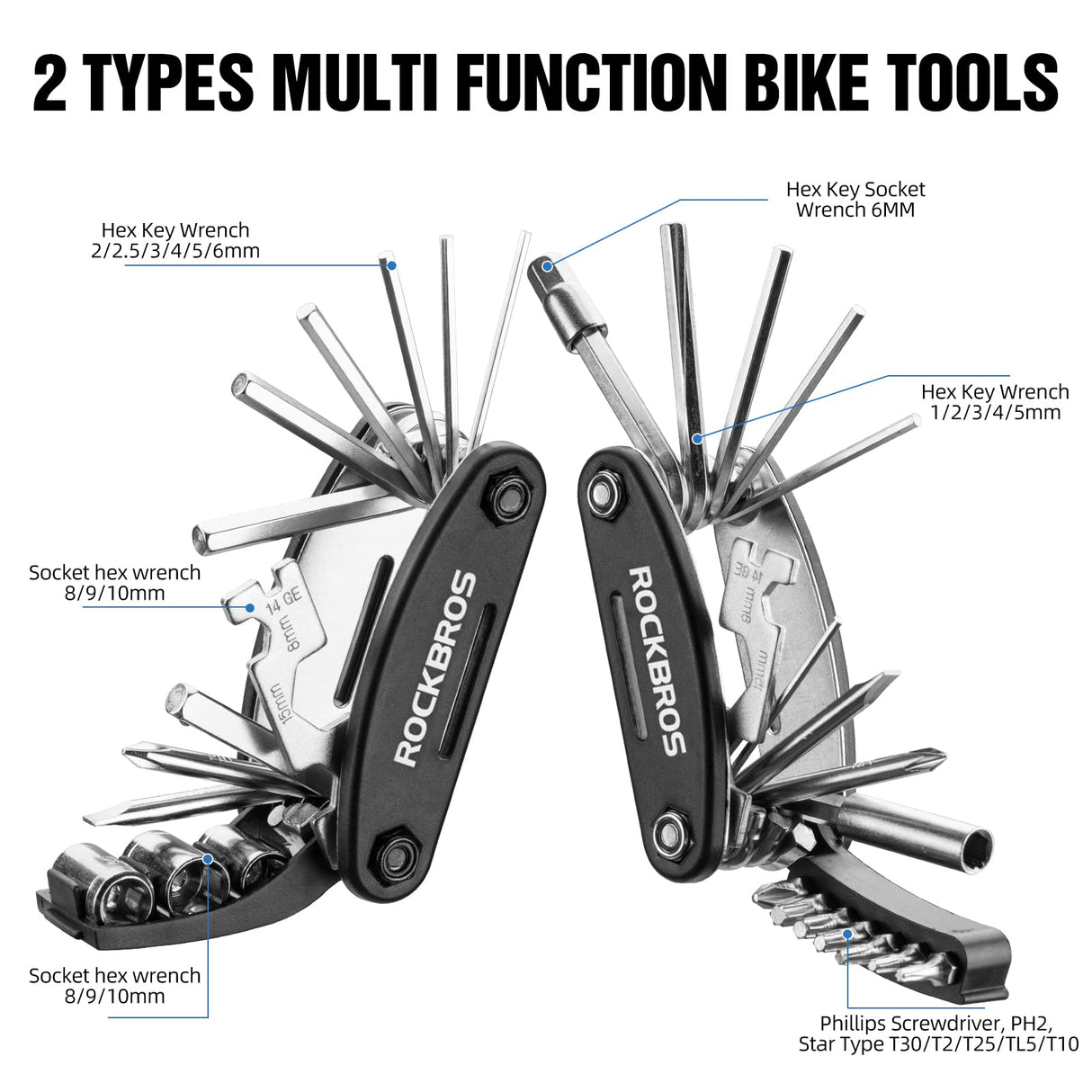 ROCKBROS Bike Foldable Repair Kit 16-in-1 Multi-Function Portable Allen Wrench and Tire Lever