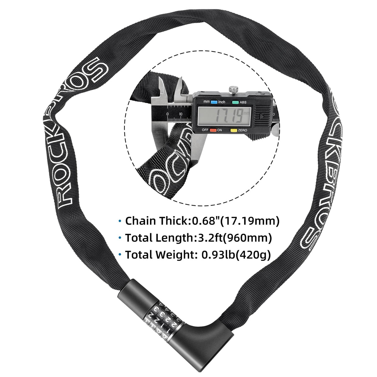 ROCKBROS 3.2FT Heavy Duty Bike Chain Lock Anti-Theft Security Lock Resettable Combination 2 Keys
