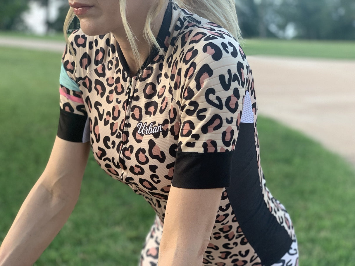 Women's Urban Leopard Print Short Sleeve Jerseys / Bib Shorts