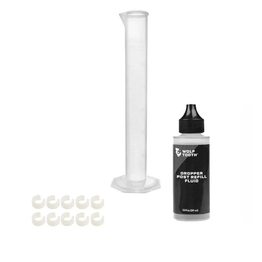 Wolf Tooth Resolve Dropper Post Service Kit - Refill Fluid 2oz Graduated Cylinder 10 Travel Adjustment Spacers