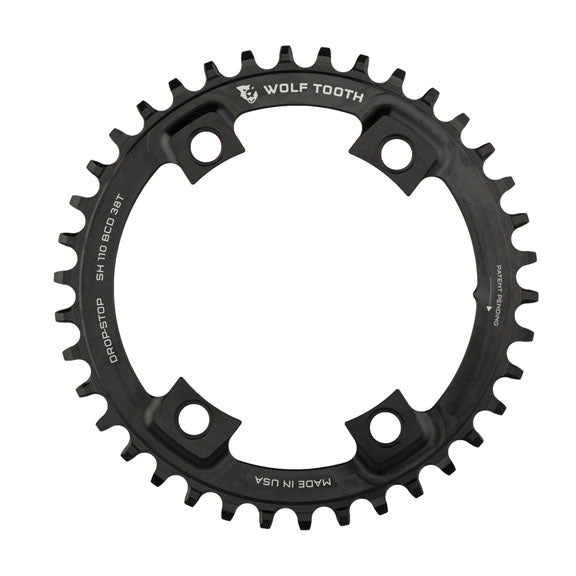 Wolf Tooth Shimano 110 Asymmetric BCD Chainring - 38t 110 Asymmetric BCD 4-Bolt Drop-Stop For Shimano Cranks BLK