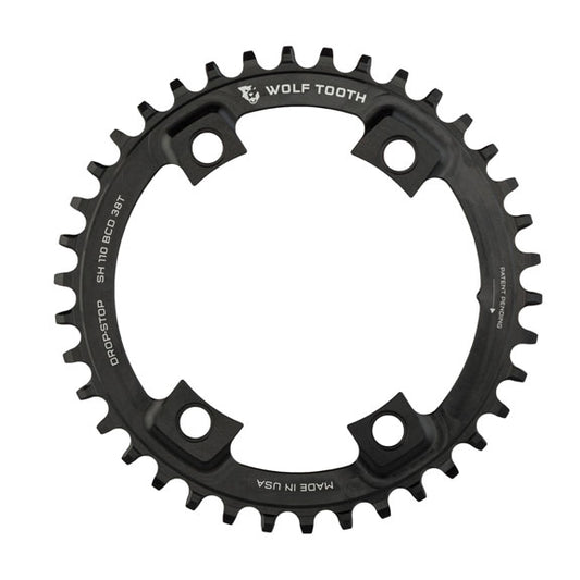 Wolf Tooth Shimano 110 Asymmetric BCD Chainring - 38t 110 Asymmetric BCD 4-Bolt Drop-Stop For Shimano Cranks BLK