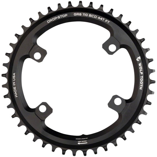 Wolf Tooth Shimano 110 Asymmetric BCD Chainring - 38t 110 Asymmetric BCD 4-Bolt Drop-Stop Flattop For Shimano GRX Cranks BLK