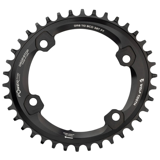 Wolf Tooth Elliptical Shimano 110 Asymmetric BCD Chainring - 38t 110 Asymmetric BCD 4-Bolt Drop-Stop For Shimano GRX Cranks BLK