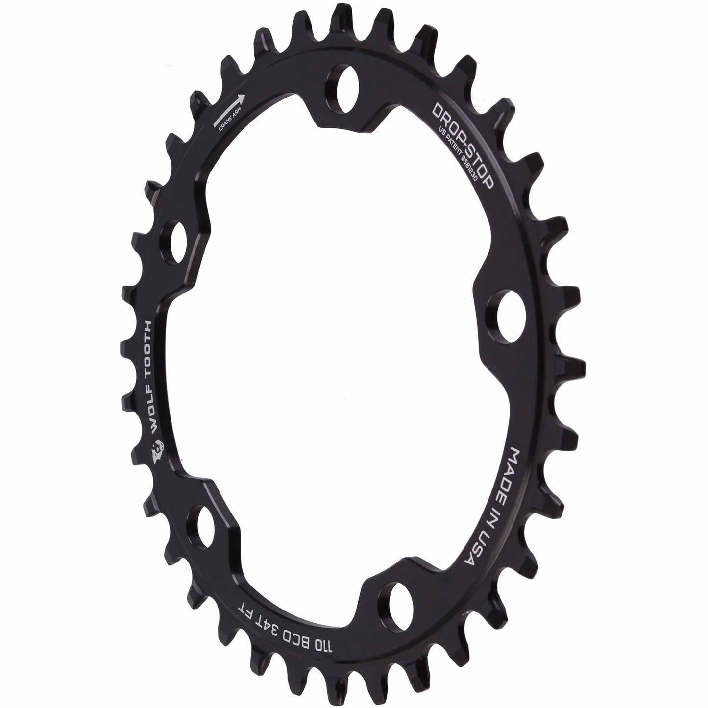 Wolf Tooth 110 BCD Cyclocross Road Chainring - 34t 110 BCD 5-Bolt Drop-Stop 10/11/12-Speed Eagle Flattop Compatible BLK