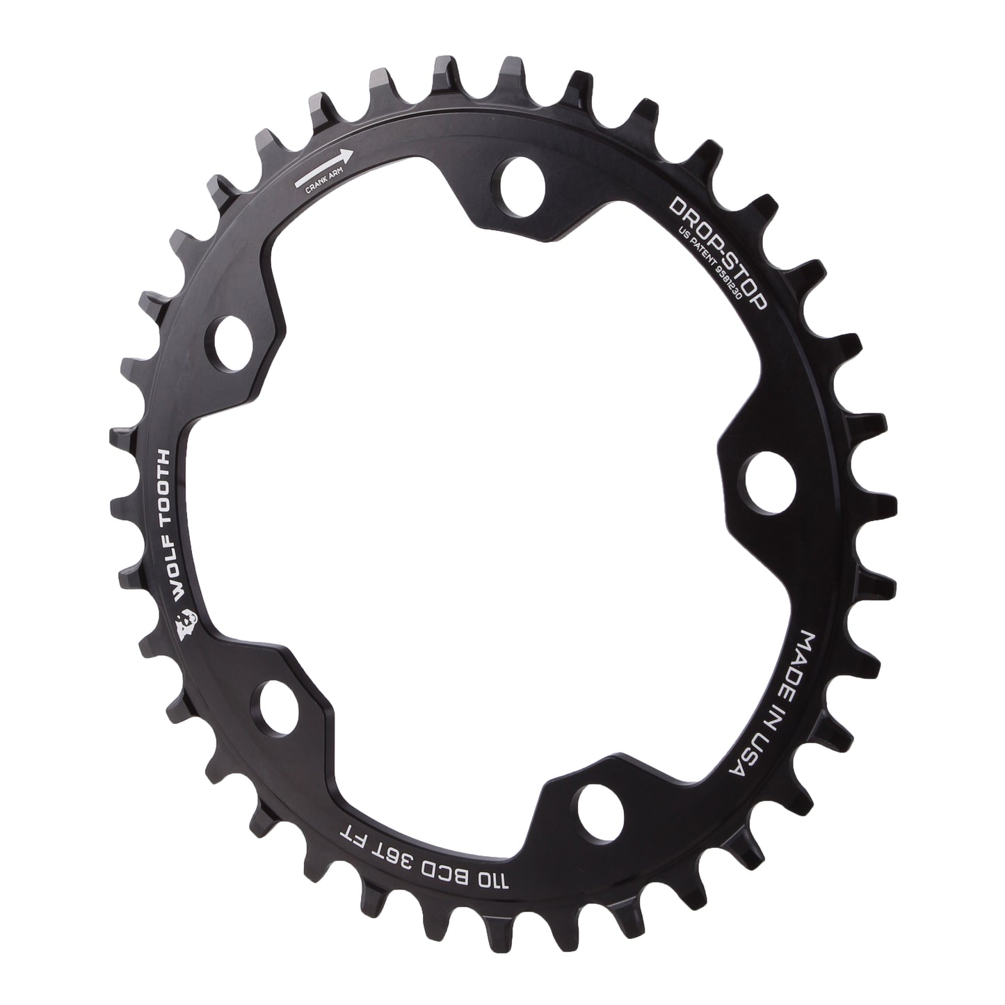 Wolf Tooth 110 BCD Cyclocross Road Chainring - 36t 110 BCD 5-Bolt Drop-Stop 10/11/12-Speed Eagle Flattop Compatible BLK