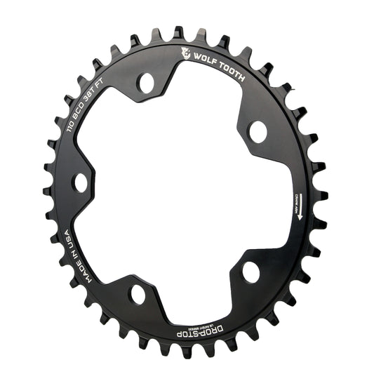 Wolf Tooth 110 BCD Cyclocross Road Chainring - 38t 110 BCD 5-Bolt Drop-Stop 10/11/12-Speed Eagle Flattop Compatible BLK