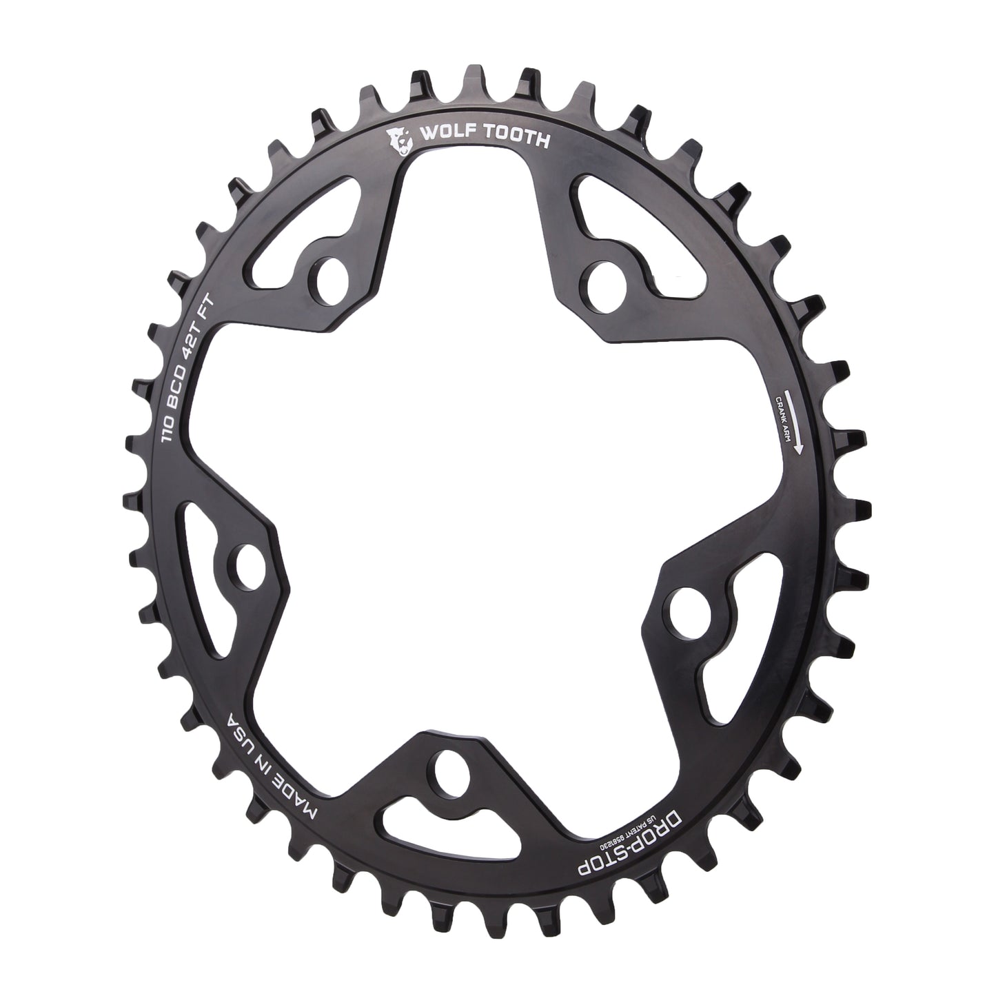 Wolf Tooth 110 BCD Cyclocross Road Chainring - 42t 110 BCD 5-Bolt Drop-Stop 10/11/12-Speed Eagle Flattop Compatible BLK