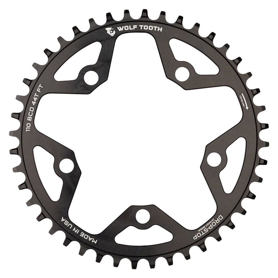 Wolf Tooth 110 BCD Cyclocross Road Chainring - 44t 110 BCD 5-Bolt Drop-Stop 10/11/12-Speed Eagle Flattop Compatible BLK