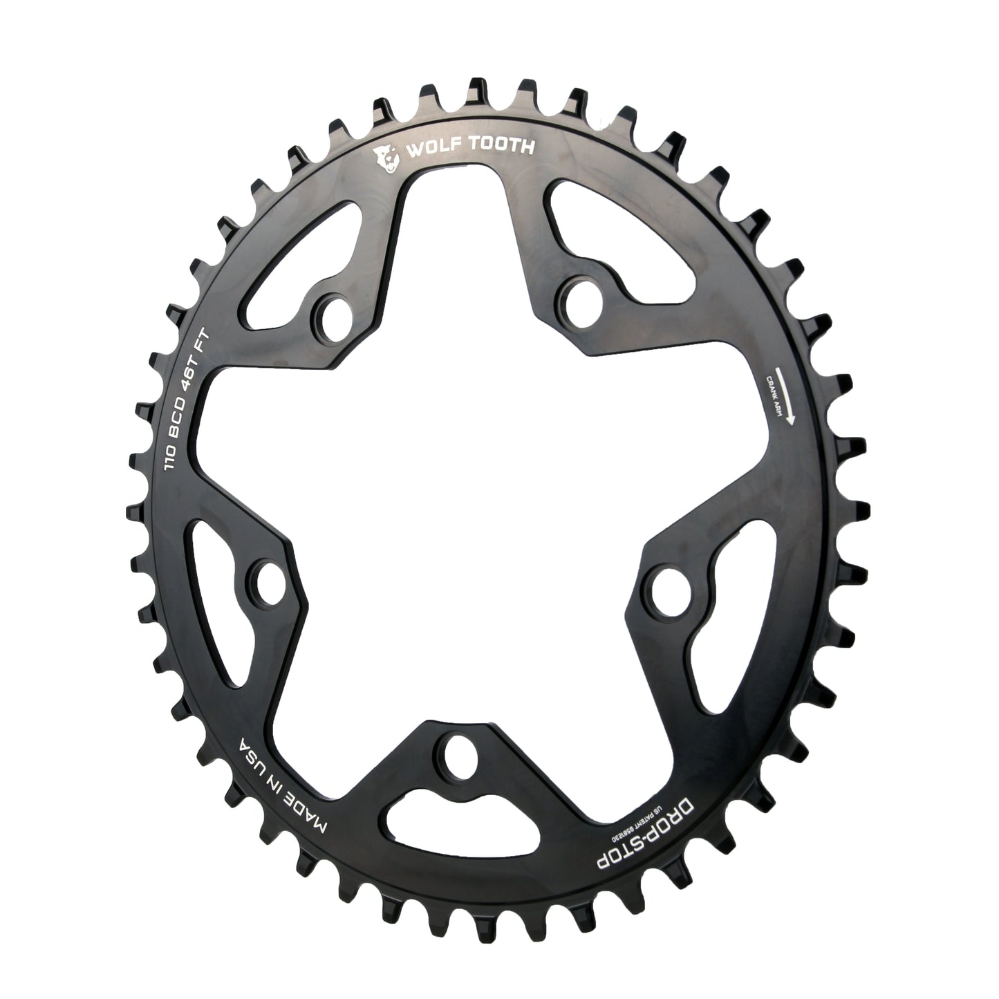 Wolf Tooth 110 BCD Cyclocross Road Chainring - 46t 110 BCD 5-Bolt Drop-Stop 10/11/12-Speed Eagle Flattop Compatible BLK